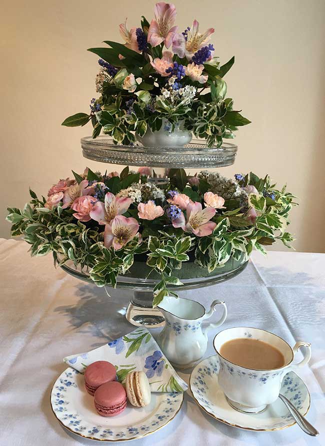 May Arrangement - Afternoon Tea arranged by Anne Wolfenden Club Secretary and Judith Lingard Club Membership Secretary of Hale Barns Flower Club