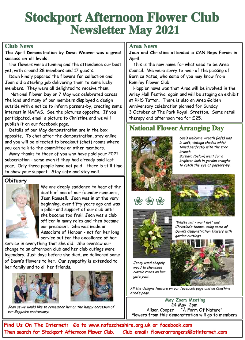 Stockport Afternoon Flower Club - May 2021 Newsletter