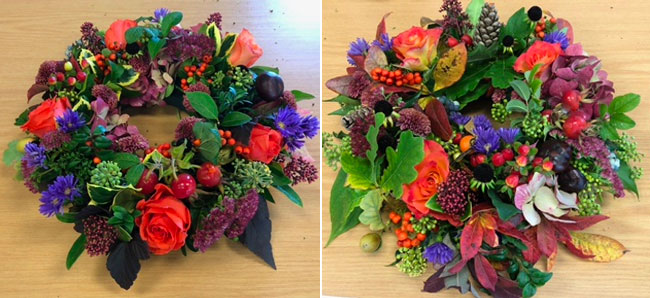 Two photos of Wistaston and District Flower Clubs autumnal wreaths