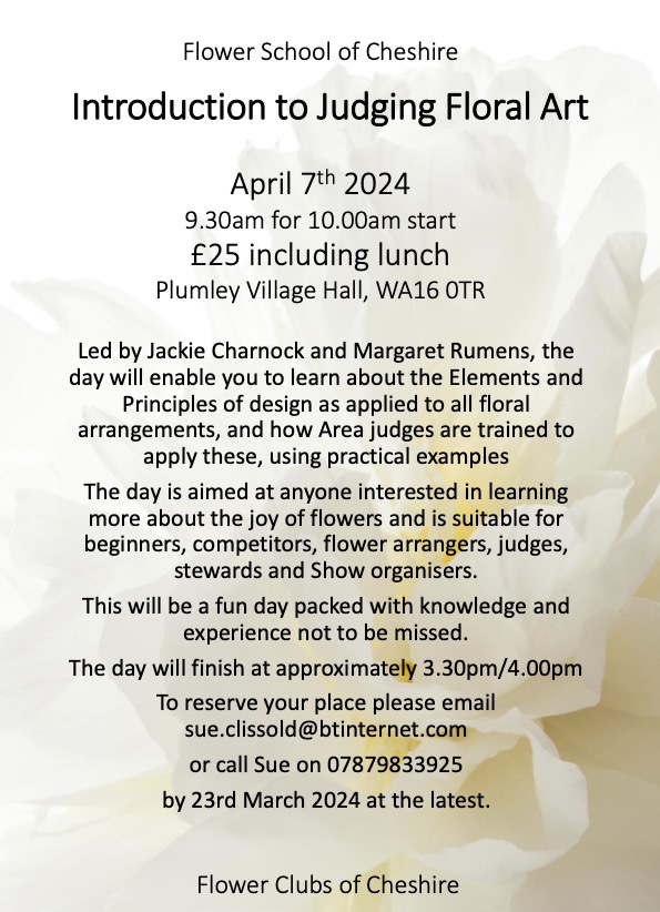 Introduction to Judging day - a taster event - Sun 7th April at Plumley Village Hall poster