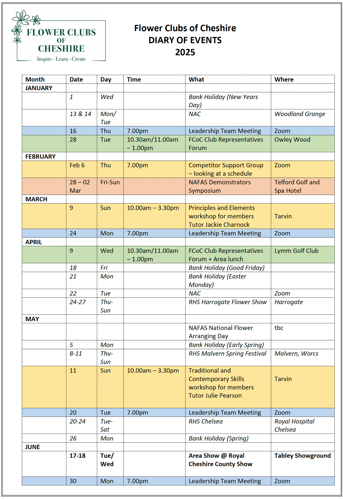 Flower School of Cheshire Meetings and diary of events