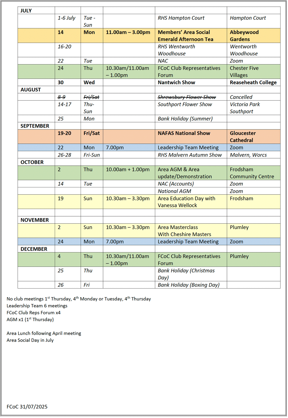 Flower School of Cheshire Meetings and diary of events page 2