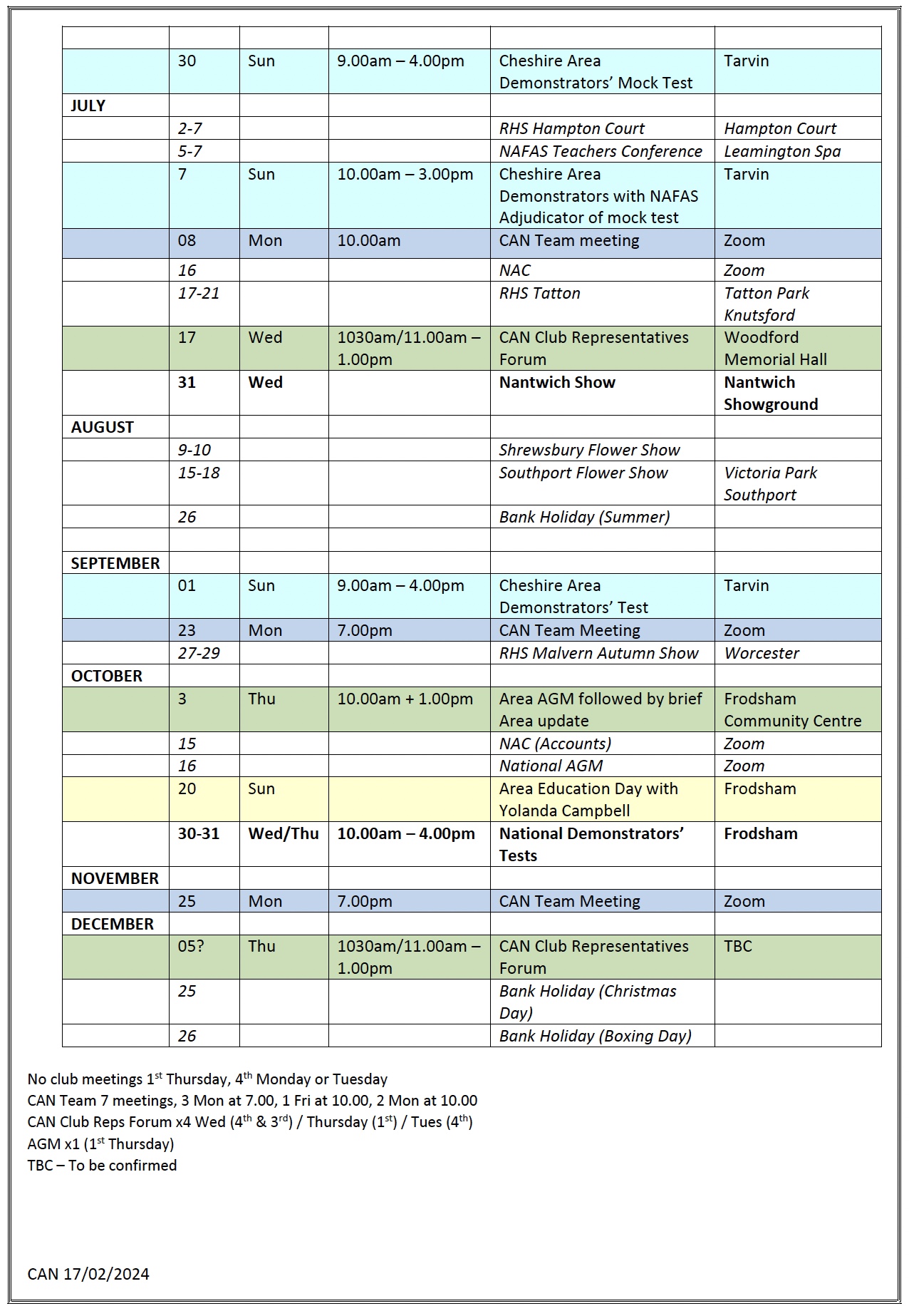 CAN Calendar of events and meetings 2024 page 2