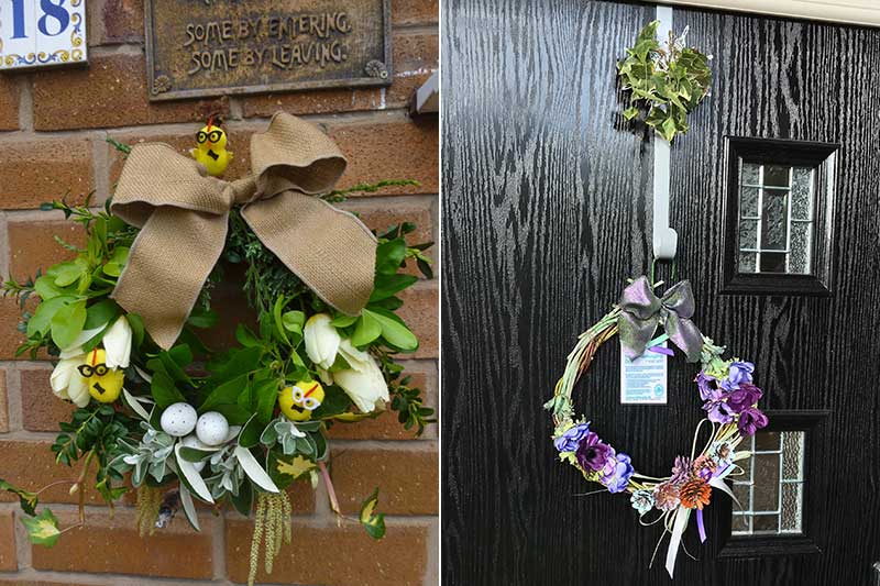 Two examples of basic door wreaths created by members of Ashton Hayes & Tarvin Flower Club