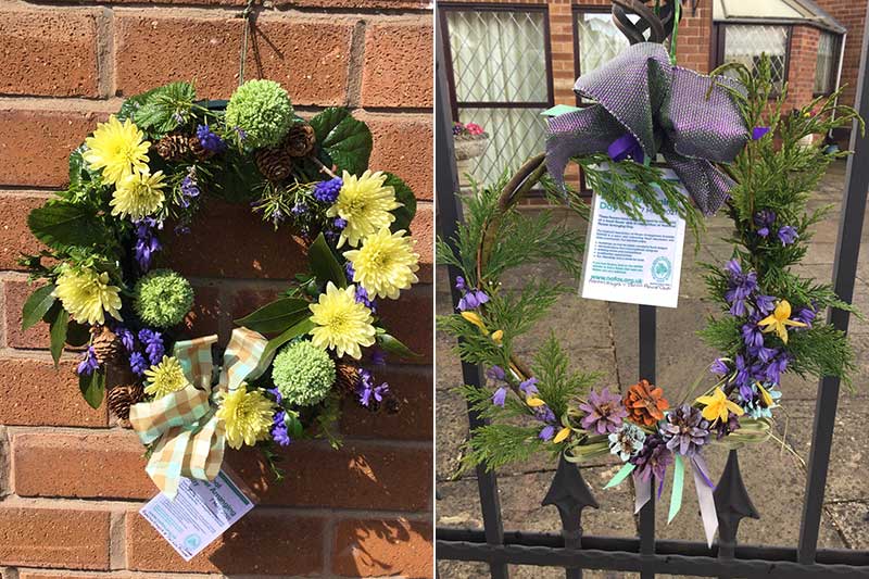 Two examples of basic door wreaths created by members of Ashton Hayes & Tarvin Flower Club