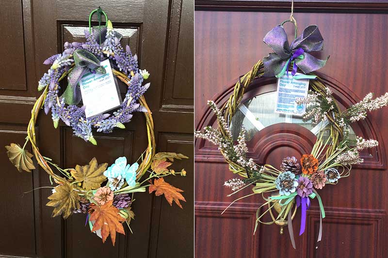 Two examples of basic door wreaths created by members of Ashton Hayes & Tarvin Flower Club