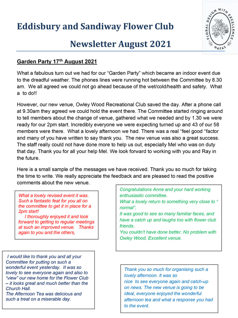 Eddisbury and Sandiway Flower Club's August newsletter page 1