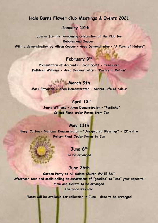 An image of page two of Hale Barns Flower Club's 2021 Meetings and Events