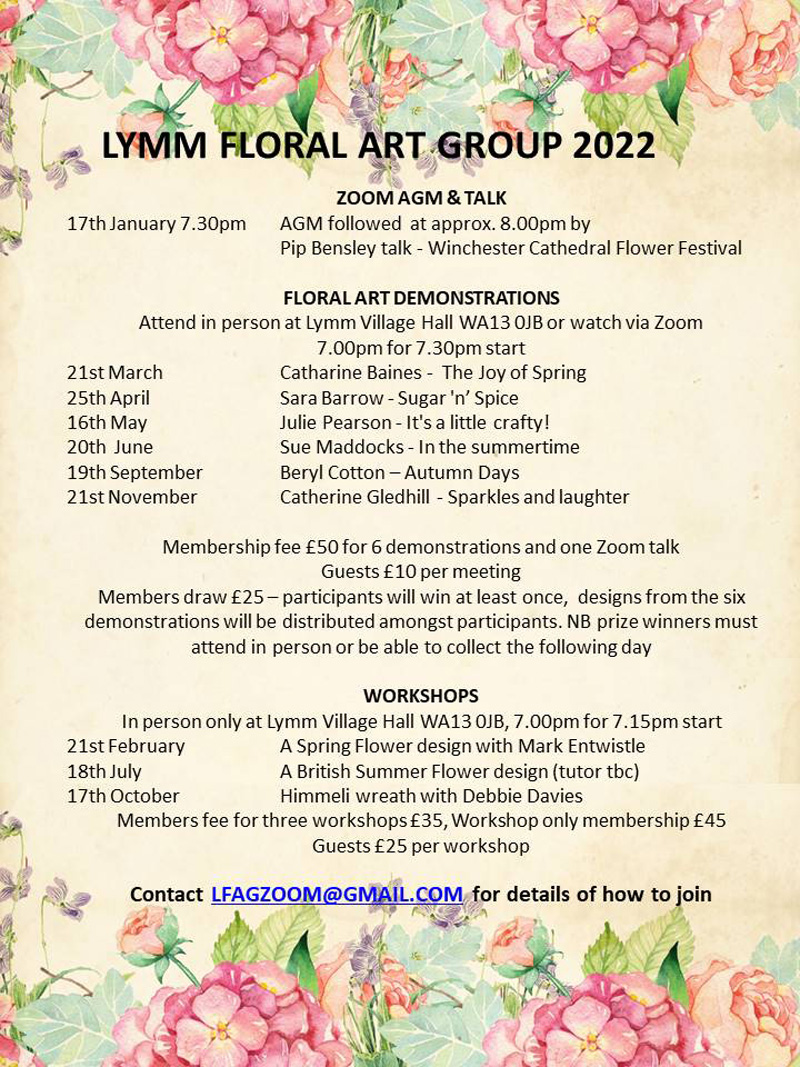 Lymm Floral Art Group 2022 Calendar of events, demonstrations and workshops