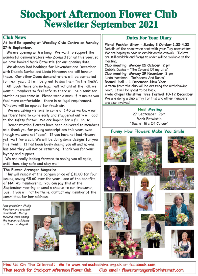 Stockport Afternoon Flower Club - September 2021 Newsletter