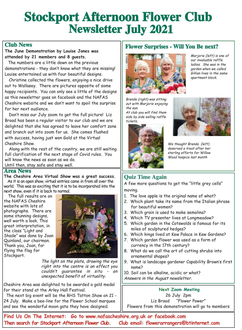 Stockport Afternoon Flower Club - July 2021 Newsletter
