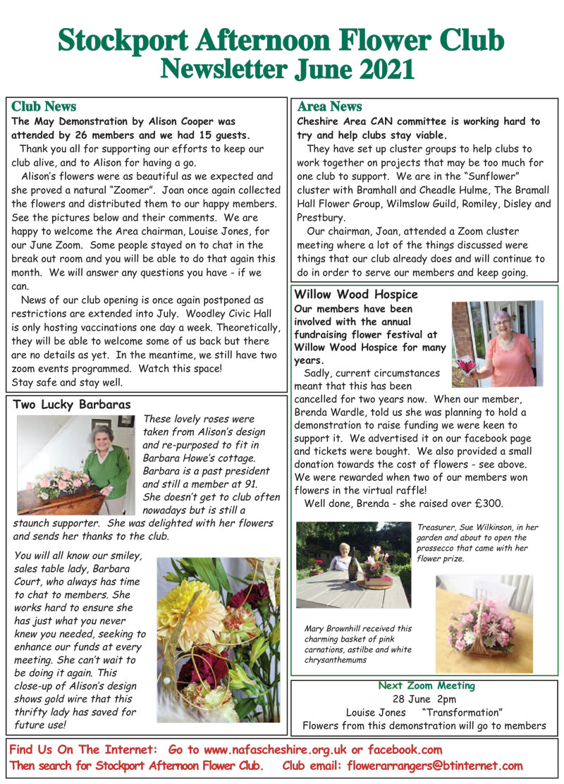 Stockport Afternoon Flower Club - June 2021 Newsletter