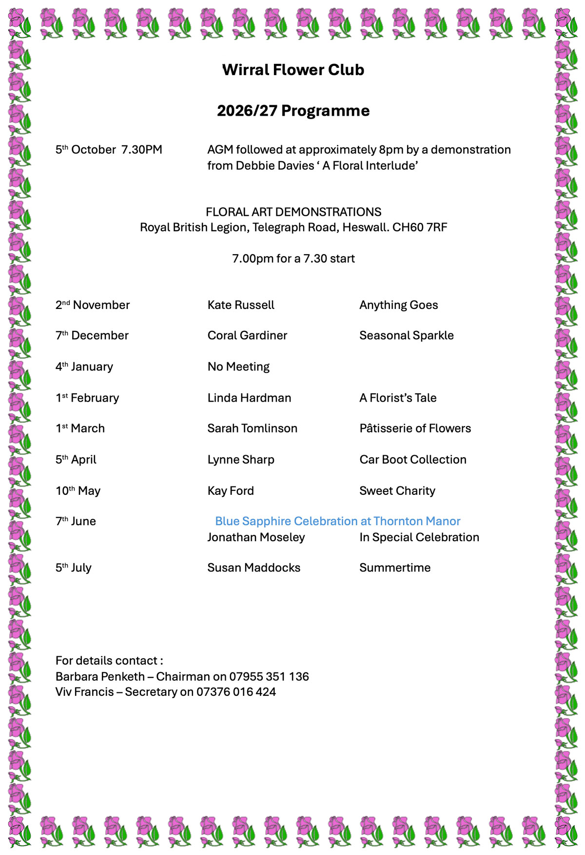 Wirral Flower Club 2026 to 2027 Programme
