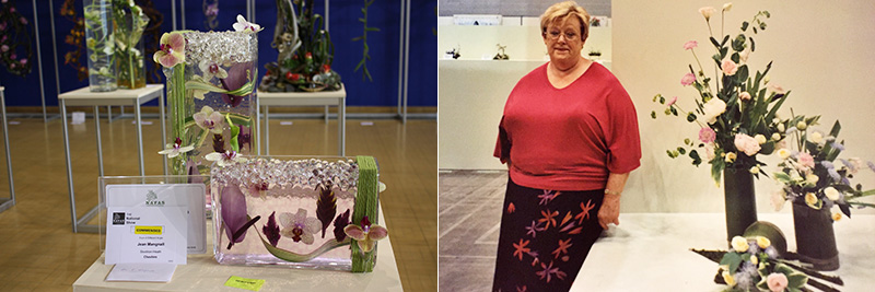 Two gold award winning flower arrangements, by Kathleen-Shaw (left) and Lynn Bottamley (right) entered to the Royal Cheshire County Virtual Show 2021