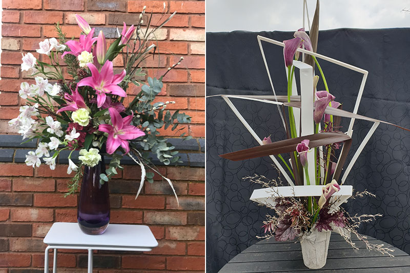 Elaine Meredith's and Elaine Taylor's Flower arrangements entered in the Light and Shade class of the Royal Cheshire County 'Virtual' Show 2021