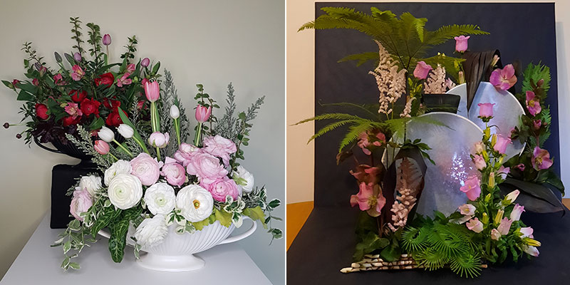 Janet Schofield and Joan Quinland's Flower arrangements entered in the Light and Shade class of the Royal Cheshire County 'Virtual' Show 2021