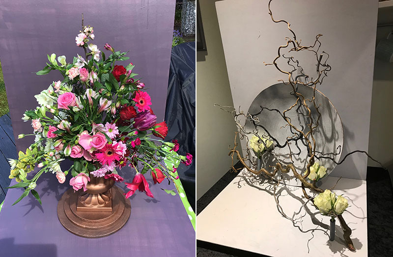 Lesley Davies's and Sue Clissold's Flower arrangements entered in the Light and Shade class of the Royal Cheshire County 'Virtual' Show 2021