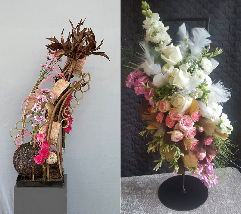 Priya Shah's and Lorraine Sherwood Dorsett's Flower arrangements entered in the Light and Shade class of the Royal Cheshire County 'Virtual' Show 2021