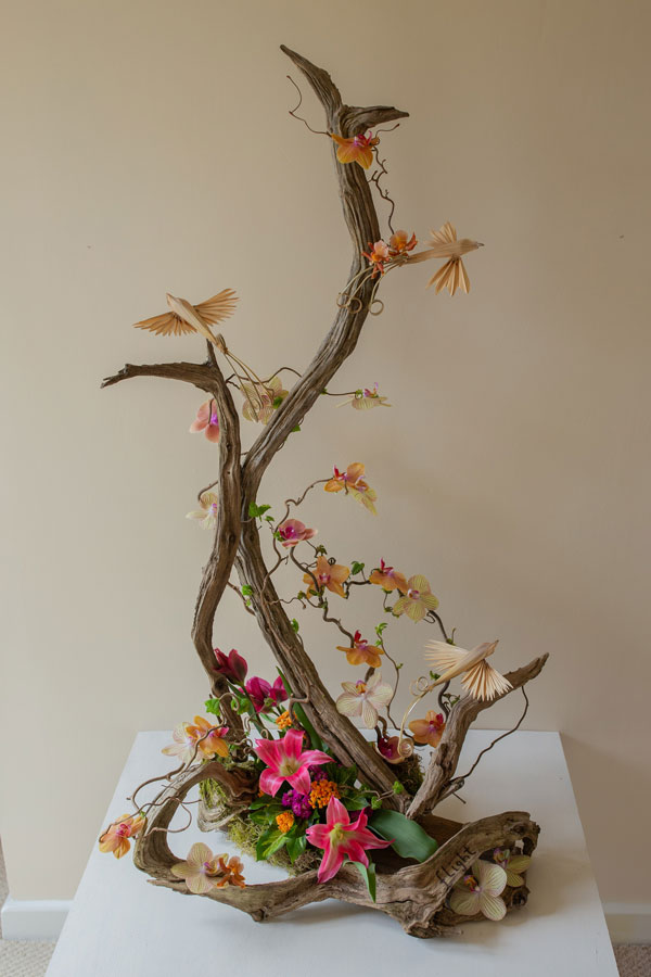 June Shallcross's Gold Award Winning flower arrangement in the A Moment in Time class of the Royal Cheshire County 'Virtual' Show 2021
