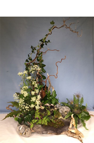 Dorothy Monks' Silver Gilt Award Winning flower arrangement in the Landscape class of the Royal Cheshire County 'Virtual' Show 2021