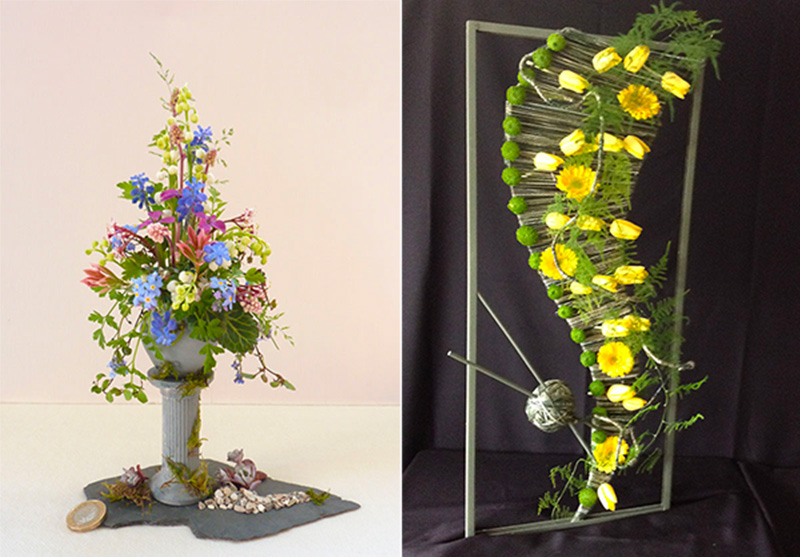 Two gold award winning flower arrangements, by Rita Roberts (right) and Liz Broad (left) entered to the Royal Cheshire County Virtual Show 2021